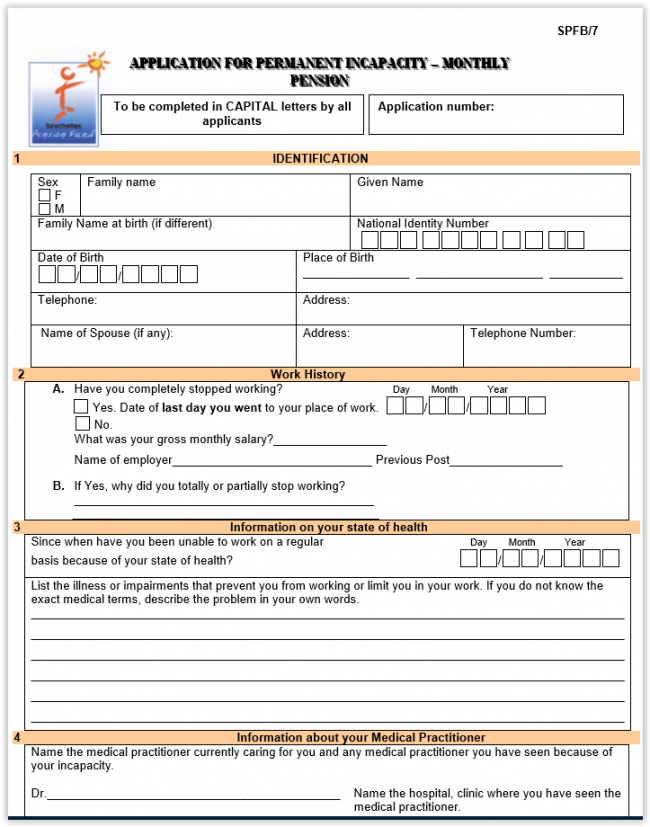 Application for Incapacity Monthly Pension