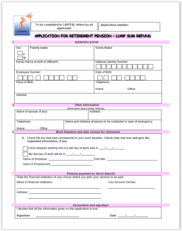 Normal Retirement Lump Sum Application Form Seychelles Pension Fund 1275