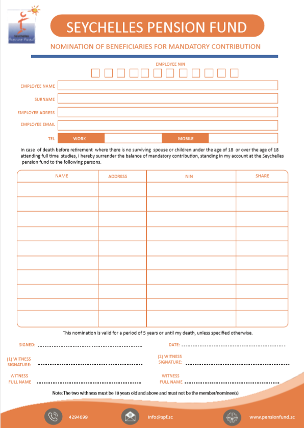 Mandatory Contribution Beneficiaries Nomination Form Seychelles Pension Fund 7218