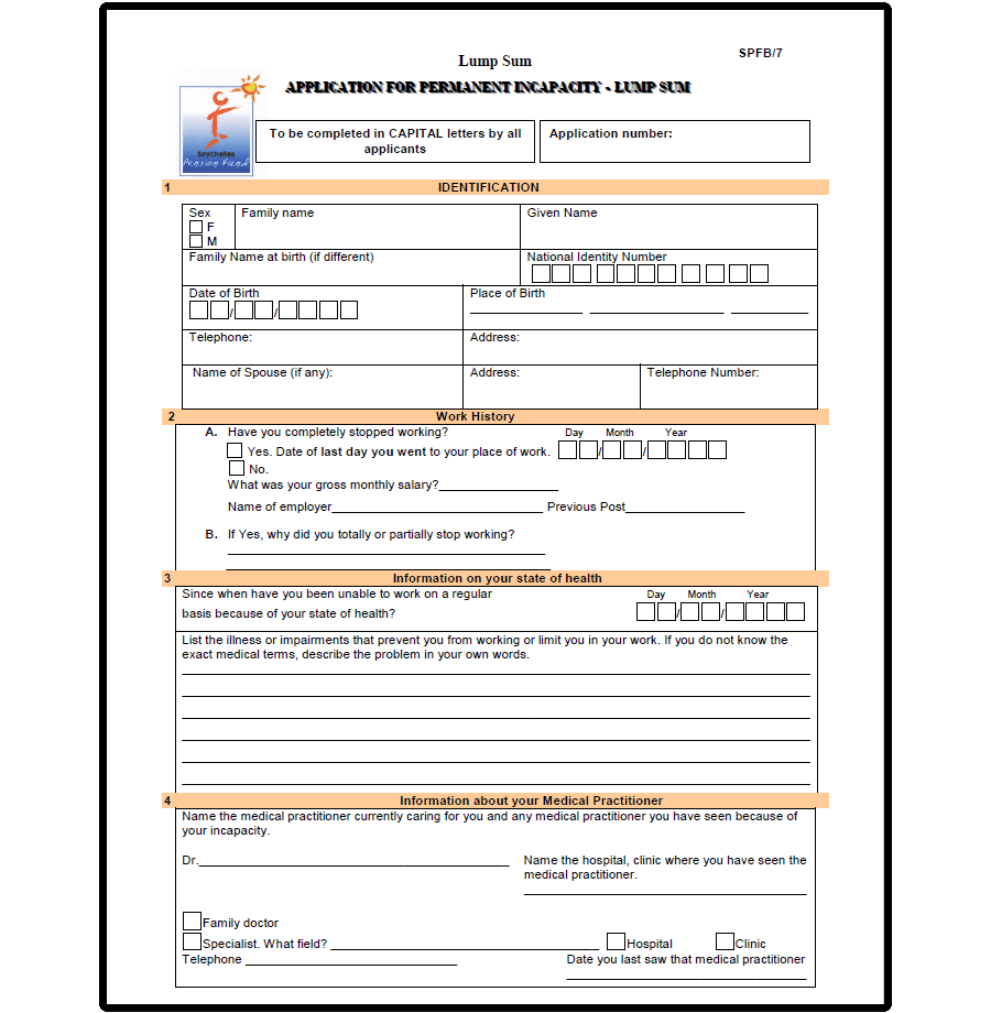 Incapacity Lump Sum Application Form