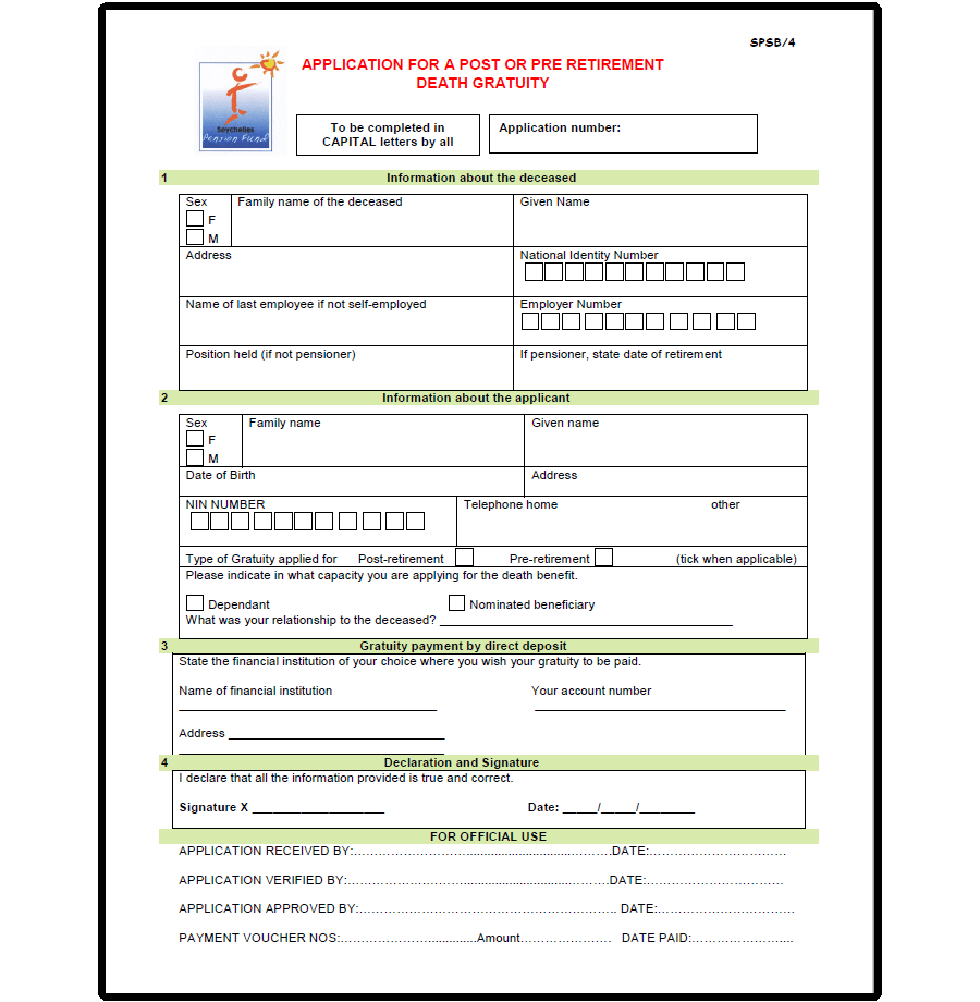 Death Gratuity Application form
