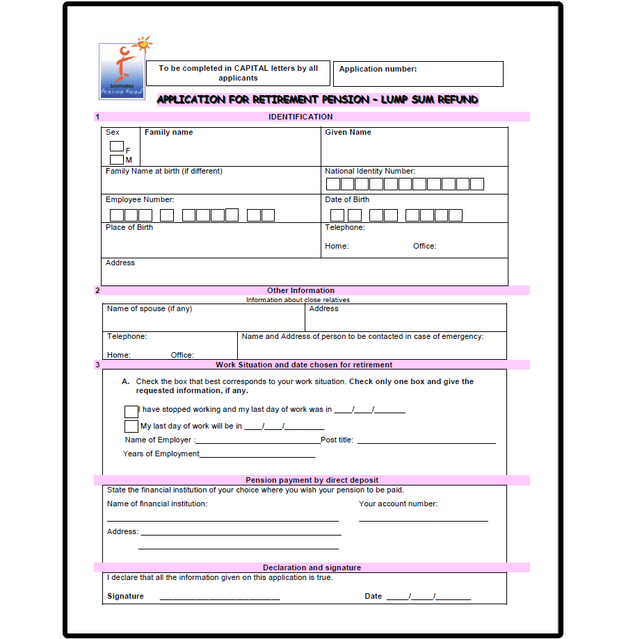 Normal Retirement Lump Sum Application form