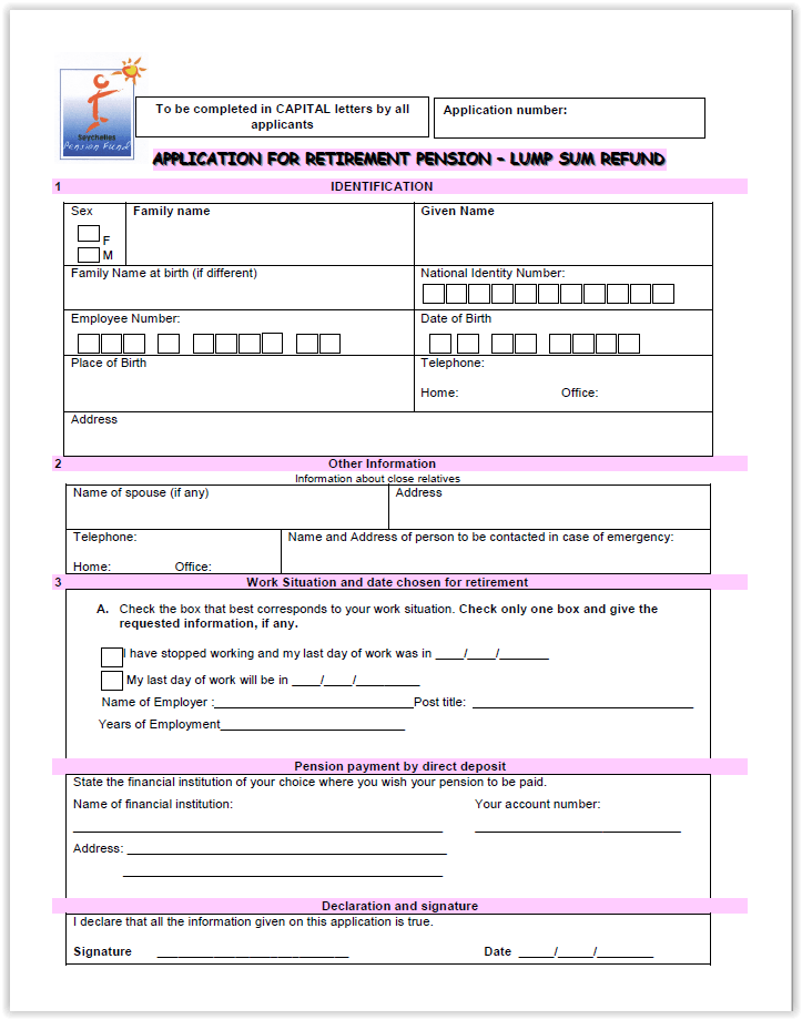 Normal Retirement Lump Sum Application form
