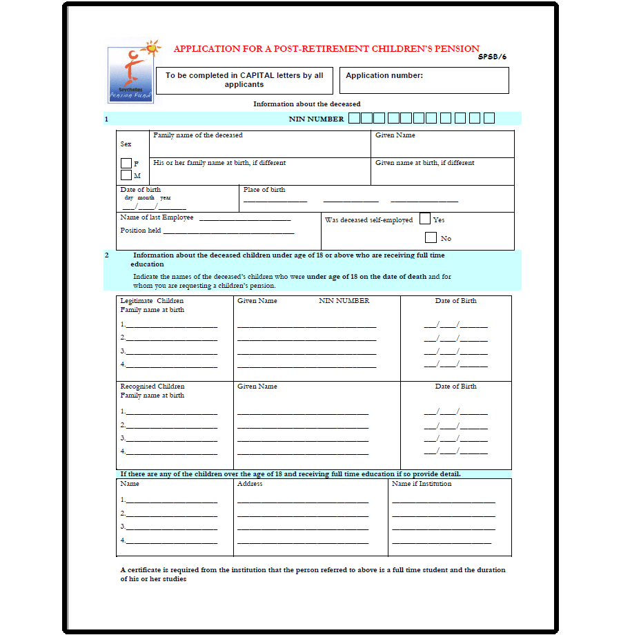 Post Retirement Children’s Pension Application form